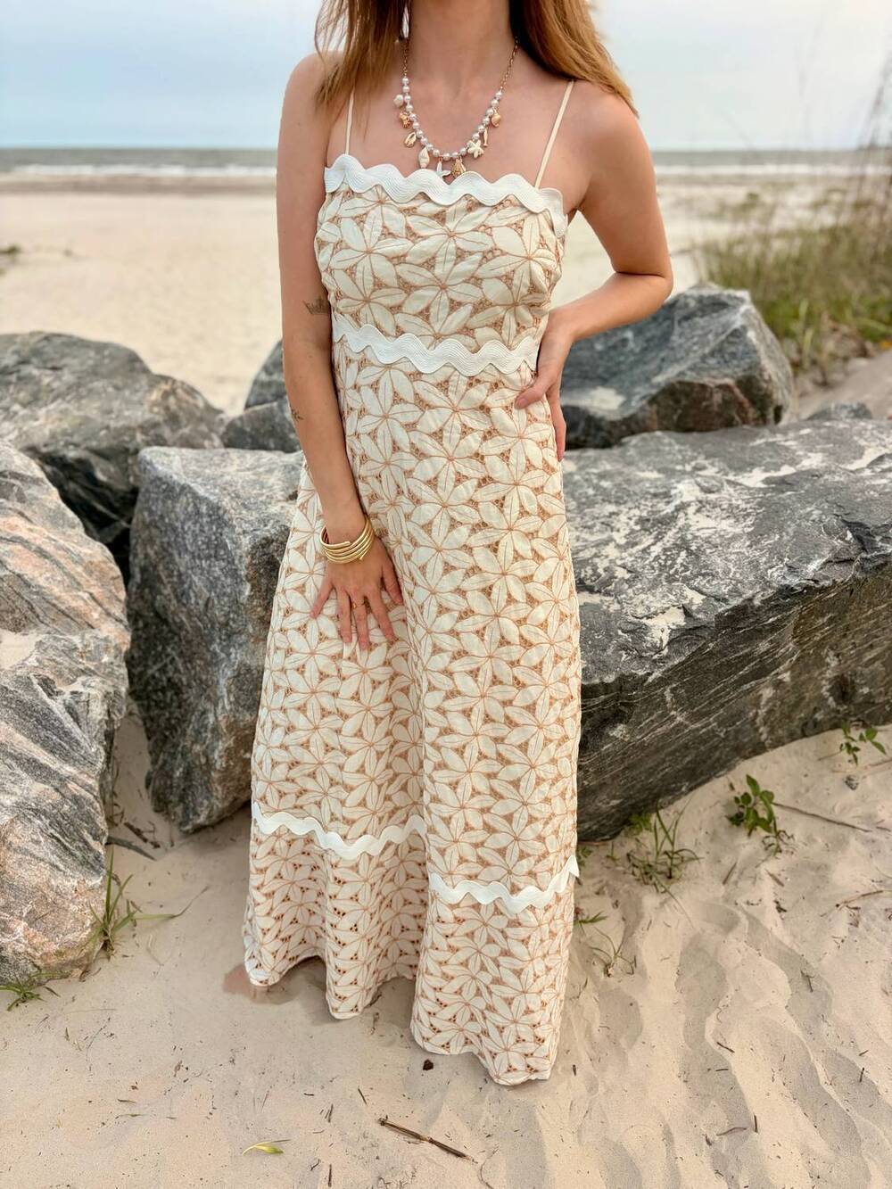NEW MAINSTRIP women's the camille garden lace maxi dress in beige